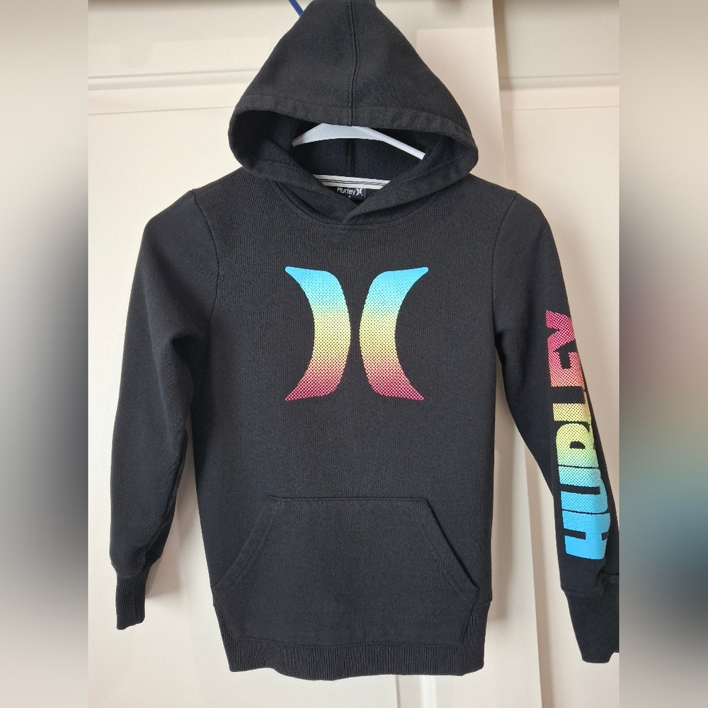 Hurley Black Kids Hoodie with Rainbow Fade Logo and Sleeve Print Size S